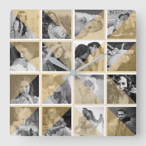 Family Photo Collage Artistic Sepia Instagram Pics Square Wall Clock