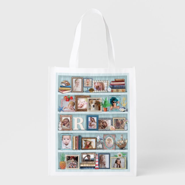 Family Photo Collage Beach Bookcase Personalized Grocery Bag (Front)