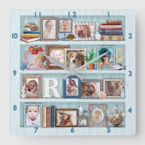 Family Photo Collage Beach Bookcase Personalized Square Wall Clock