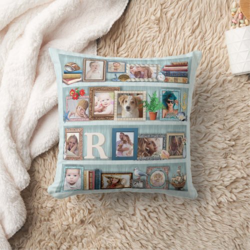 Family Photo Collage Beach Bookcase Personalized Throw Pillow