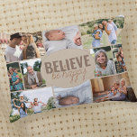 Family Photo Collage Believe Be Happy Quote Beige Accent Pillow<br><div class="desc">Photo Collage Pillow with 10 of your favorite photos. The wording in the center reads "believe be happy" and is lettered in bold typography and casual, skinny font script. The photo template is set up for you to add 10 pictures, which are displayed in landscape, square and portrait pictures to...</div>