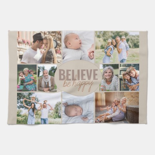 Family Photo Collage Believe Quote Neutral Beige Kitchen Towel