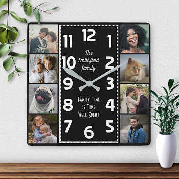 Family Photo Collage Black And White Art Deco Easy Square Wall Clock by PictureCollage at Zazzle