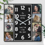 Family Photo Collage Black and White Art Deco Easy Square Wall Clock<br><div class="desc">Make your own personalized photo collage clock with this easy template. This square, classy clock has white numbers lined up in the middle in a deco-style long rectangle and a plain black background that you can "customize" to whatever image or color you'd like. Along the edges, there's room for you...</div>