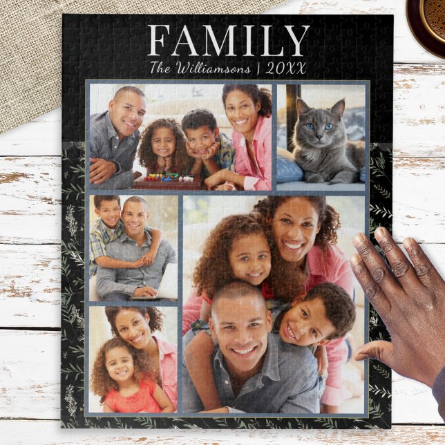 Family Photo Collage Black Botanicals Jigsaw Puzzle (A stylish jigsaw puzzle with custom photos and personalized text, black background and leaf pattern)