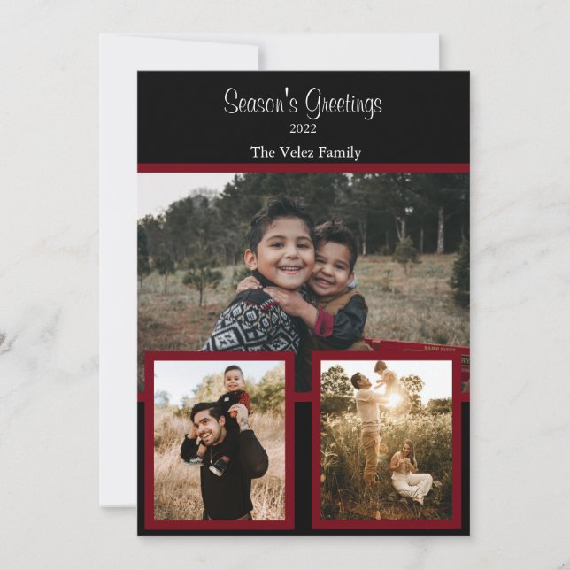 Family Photo Collage Black Burgundy White Script H Holiday Card (Front)