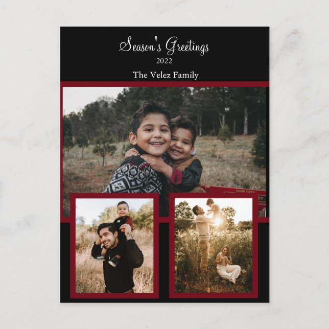 Family Photo Collage Black Burgundy White Script   Holiday Postcard (Front)