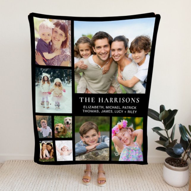 Family Photo Collage Black Fleece Blanket (Creator Uploaded)