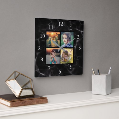 Family photo collage black marble pattern square wall clock