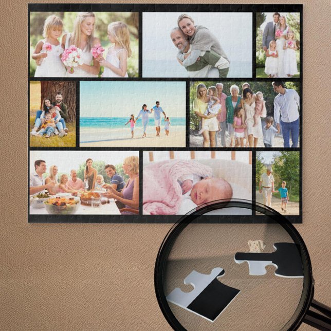 Family Photo Collage Black Masonry Grid Custom Jigsaw Puzzle (Black jigsaw puzzle with 9 pictures in masonry grid photo collage by Darling & May)