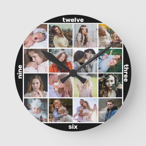 Family Photo Collage Black Mod 16 Instagram Pic Round Clock