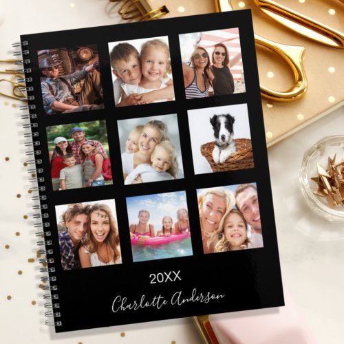 Family photo collage black monogram 2025 planner