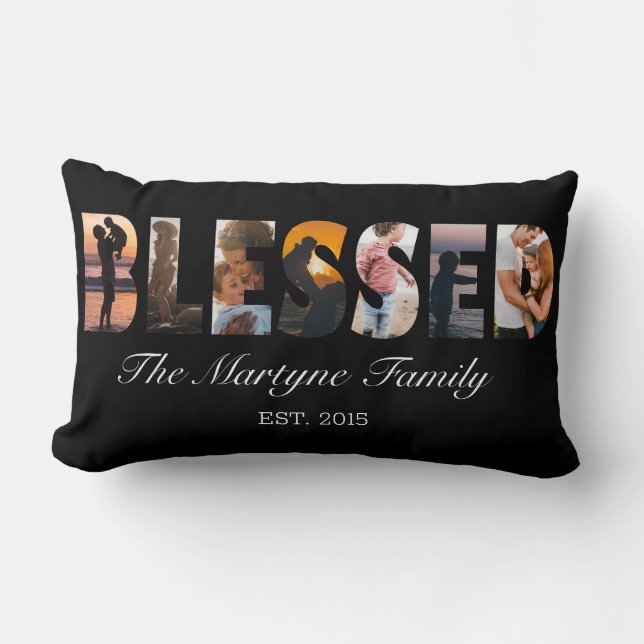 Family Photo Collage Blessed Personalized Black Lumbar Pillow (Front)