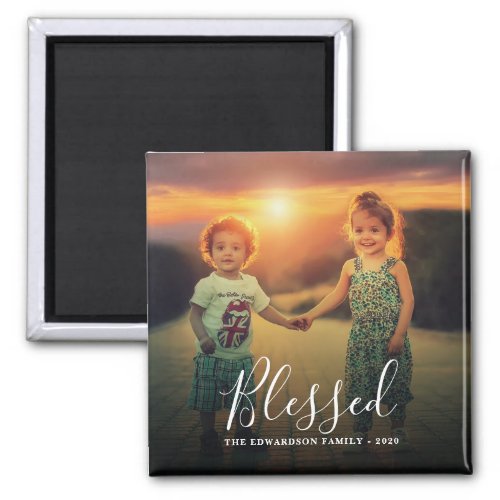 Family photo collage Blessed script family name Magnet