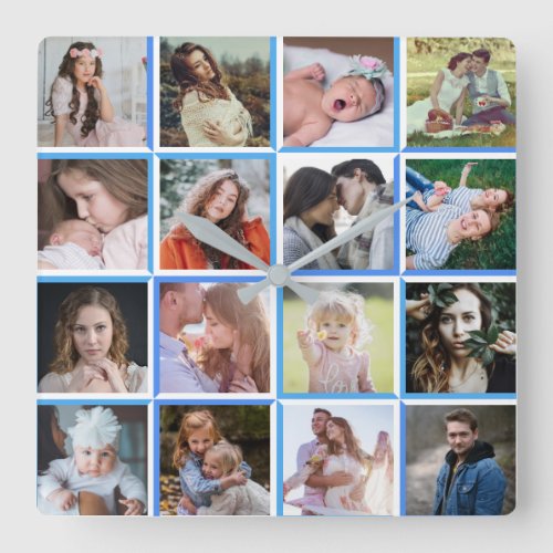 Family Photo Collage Blue Border 16 Instagram Pics Square Wall Clock