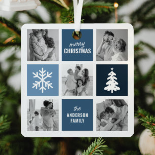 Family Photo Collage Blue Christmas Metal Ornament