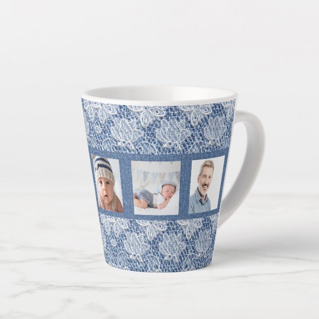 Family photo collage blue denim lace latte mug (Right Angle)