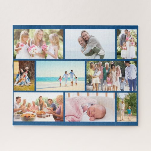 Family Photo Collage Blue Masonry Grid Custom Jigsaw Puzzle