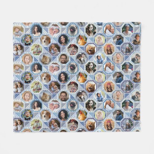 Family Photo Collage Blue Quilt Look 28 Custom Pic Fleece Blanket
