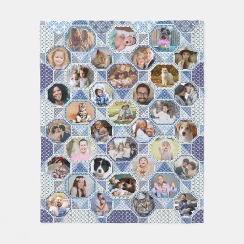 Family Photo Collage Blue Quilt Look 35 Pics Easy Fleece Blanket