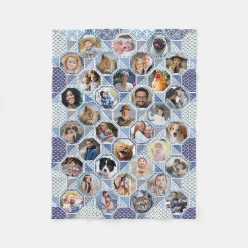 Family Photo Collage Blue Quilt Look 35 Pics Lg Sm Fleece Blanket