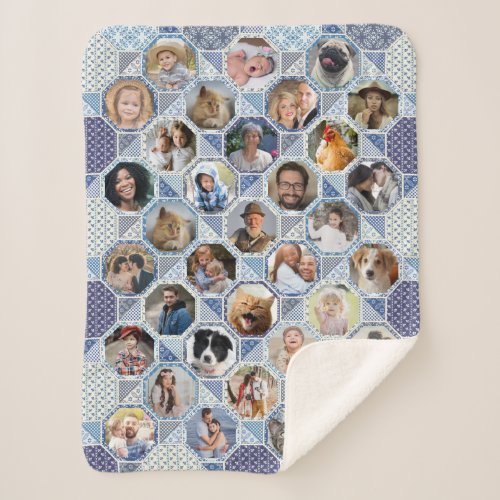 Family Photo Collage Blue Quilt Look 35 Pics Lg Sm Sherpa Blanket