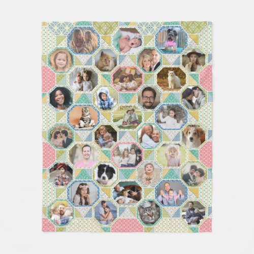 Family Photo Collage Bright Quilt Look 35 Pic Easy Fleece Blanket