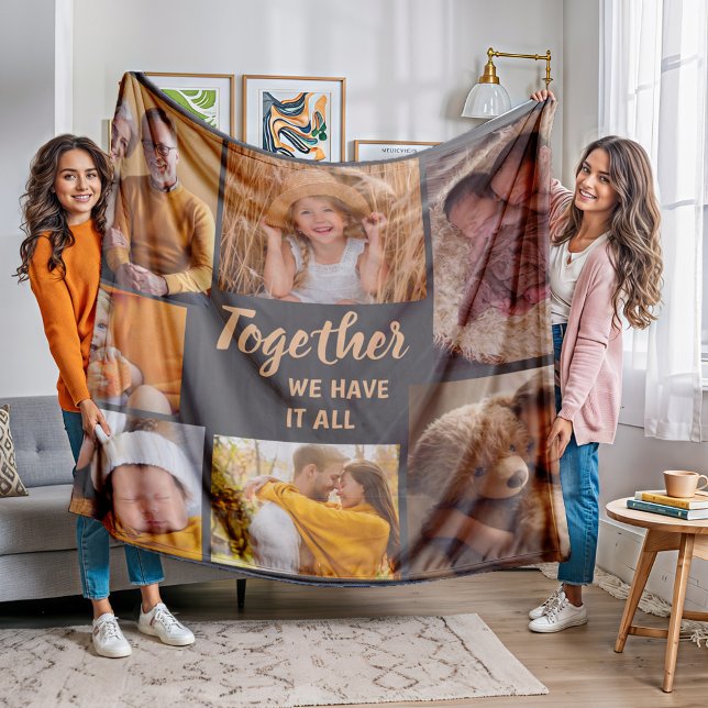 Family Photo Collage Brown Together Have It All Fleece Blanket (Together we have it all fleece blanket personalized with your photos)