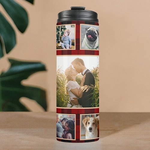Family Photo Collage Buffalo Plaid 11 Pictures Thermal Tumbler