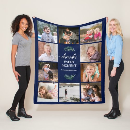 Family Photo Collage Cherish Every Moment Navy Fleece Blanket