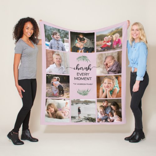 Family Photo Collage Cherish Every Moment Pink Fleece Blanket