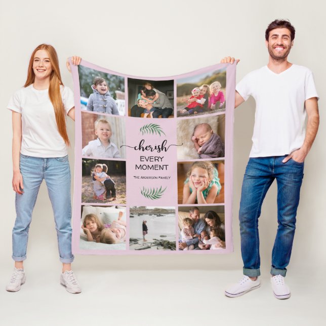 Family Photo Collage Cherish Every Moment Pink Fleece Blanket (In Situ)