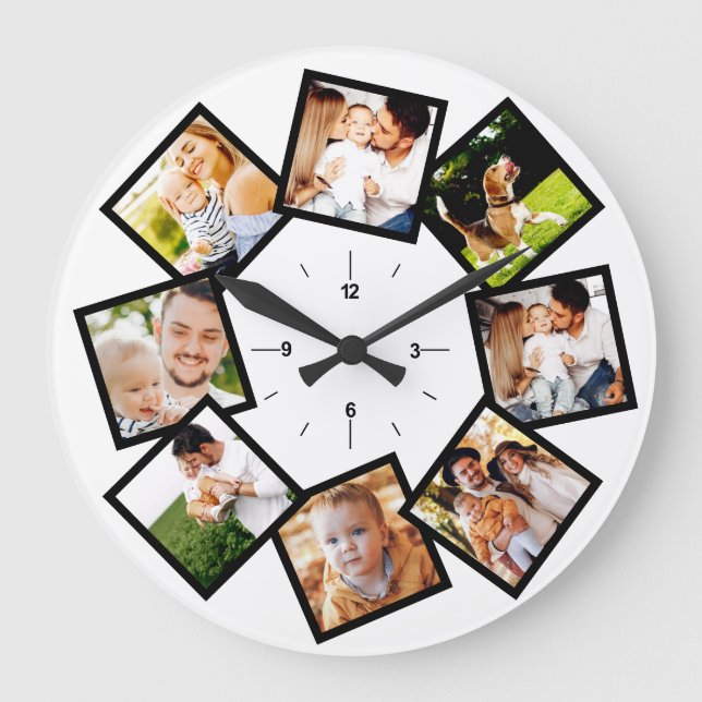 Family Photo Collage Chic Black And White Large Clock (Front)