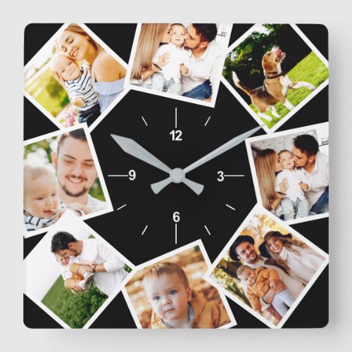 Family Photo CollageChic Black And White Square Wall Clock