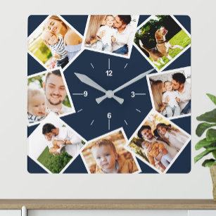 Family Photo Collage Chic Blue And White Square Wall Clock