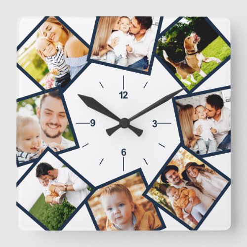 Family Photo CollageChic Blue And White Square Wall Clock
