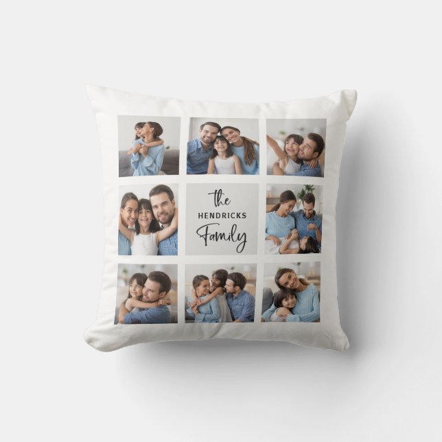 Family Photo Collage | Chic Modern Script Throw Pillow (Front)