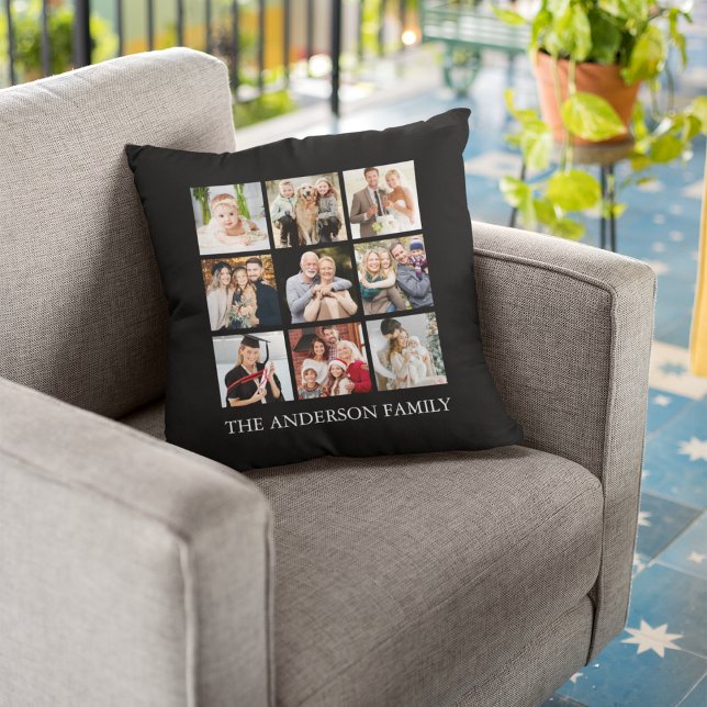 Family Photo Collage - Choose Your Color Throw Pillow (Customize to change text size, text style or background color.)