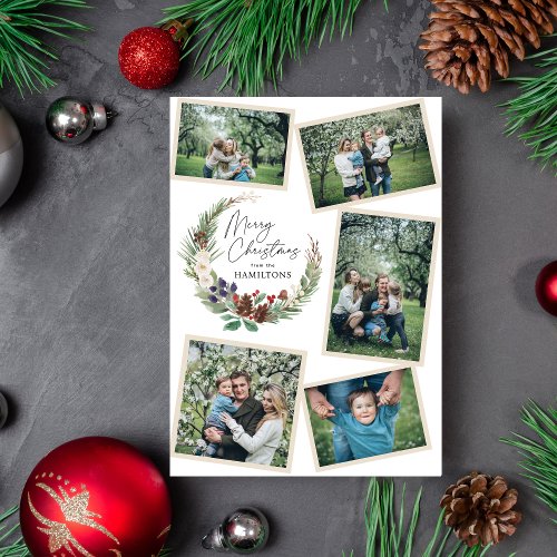 Family Photo Collage Christmas Foliage Wreath Holiday Card