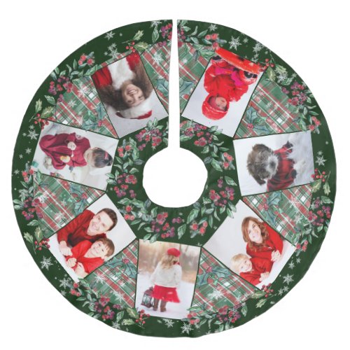 Family Photo Collage Christmas Wreath Dark Green Brushed Polyester Tree Skirt