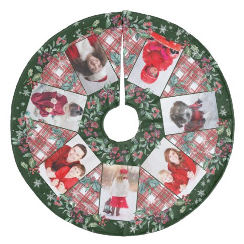 Family Photo Collage Christmas Wreath Dark Green Fleece Tree Skirt