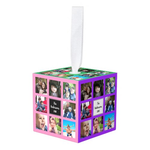 Family photo collage colorful cube ornament