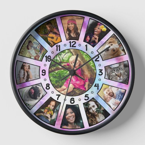 Family Photo Collage Custom 13 Retro Purple TieDye Clock