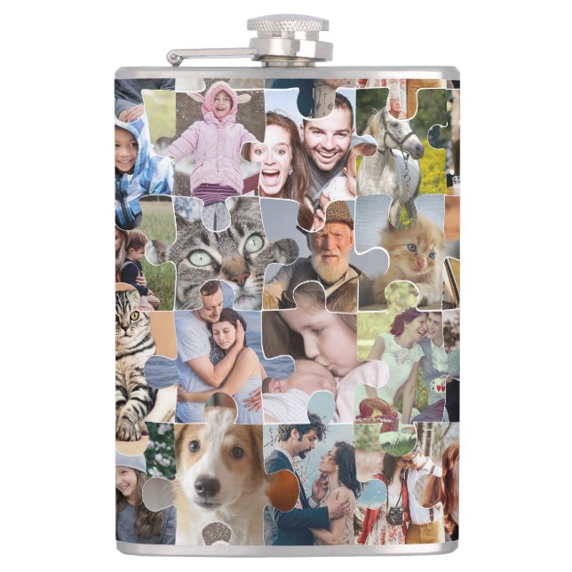 Family Photo Collage Custom 24 Pic Puzzle Shape Flask (Front)