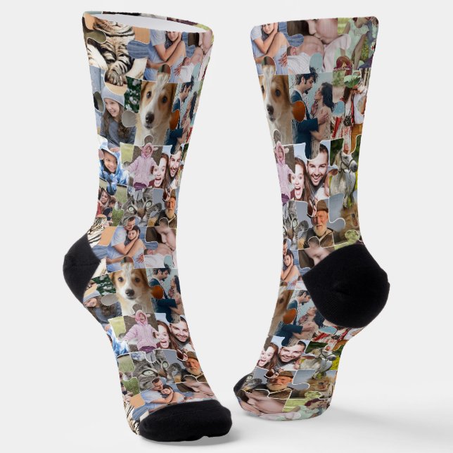 Family Photo Collage Custom 24 Pic Puzzle Shape Socks (Angled)