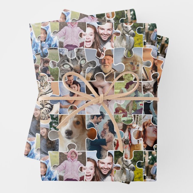 Family Photo Collage Custom 24 Pic Puzzle Shape Wrapping Paper Sheets (In situ)