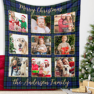 Family Photo Collage Custom Modern Holiday Plaid Fleece Blanket