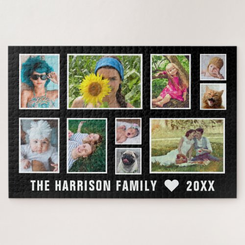 Family Photo Collage Custom Name Easy Black White Jigsaw Puzzle