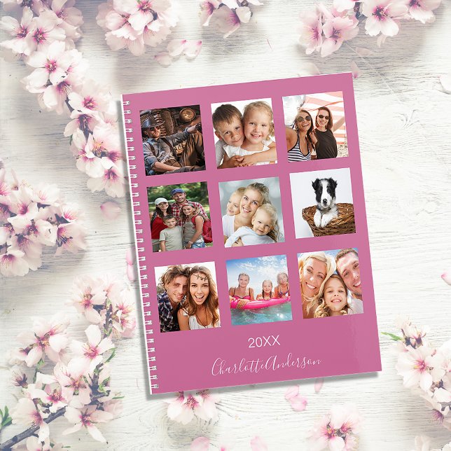 Family photo collage dark pink name script 2026 planner (Creator Uploaded)