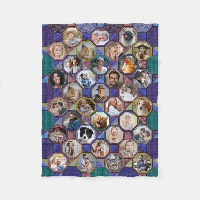 Family Photo Collage Dark Quilt Look 35 Pic Lg Sm Fleece Blanket (Front)